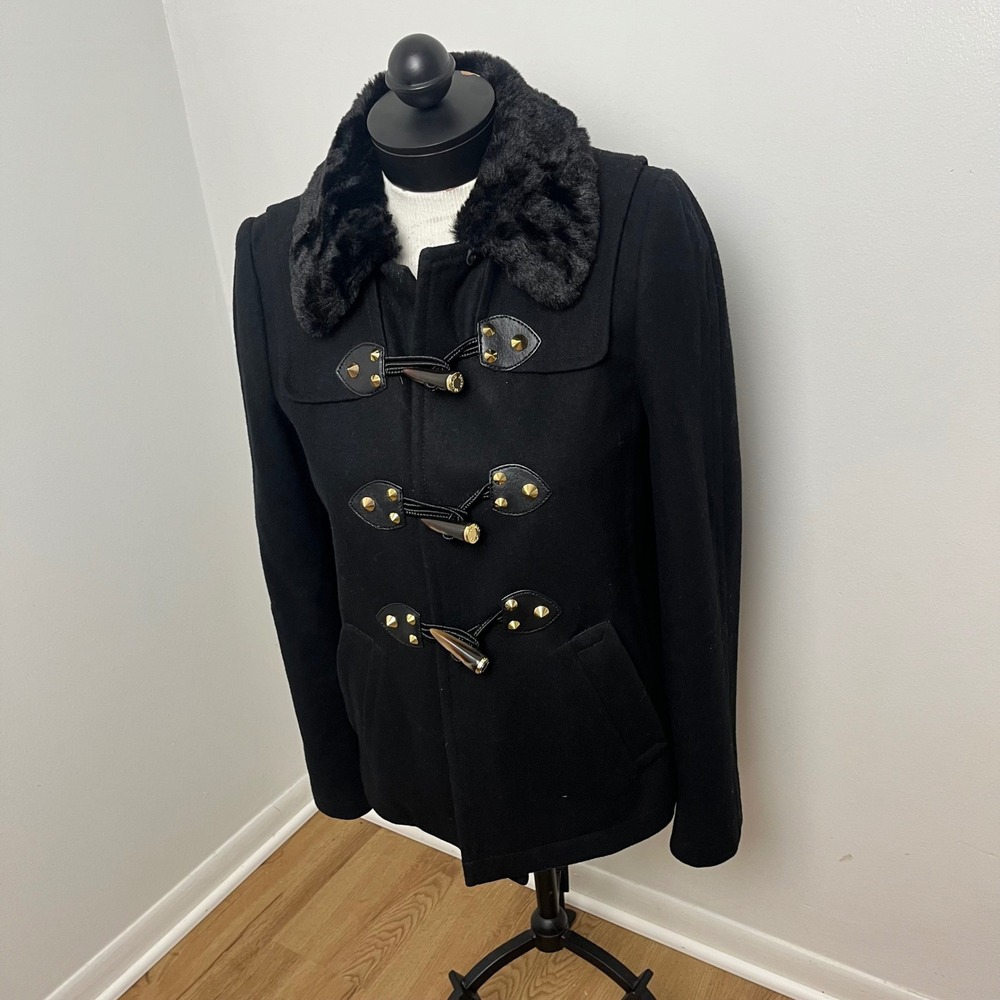 Juicy Couture Y2K Preppy Black Wool Toggle Coat Faux Fur Collar‎ Size S